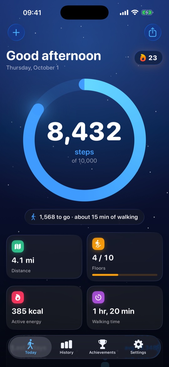 PureSteps Today screen: 8,432 steps of 10,000 in a blue ring, with distance, floors, active energy and walking time