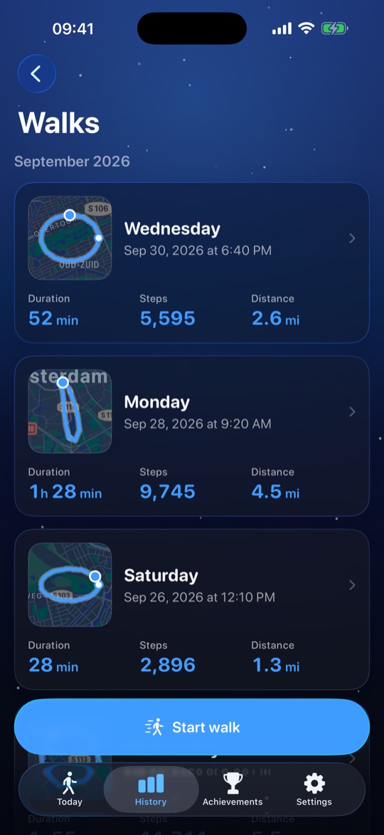 Walks list with routes on a map, duration, steps and distance per walk