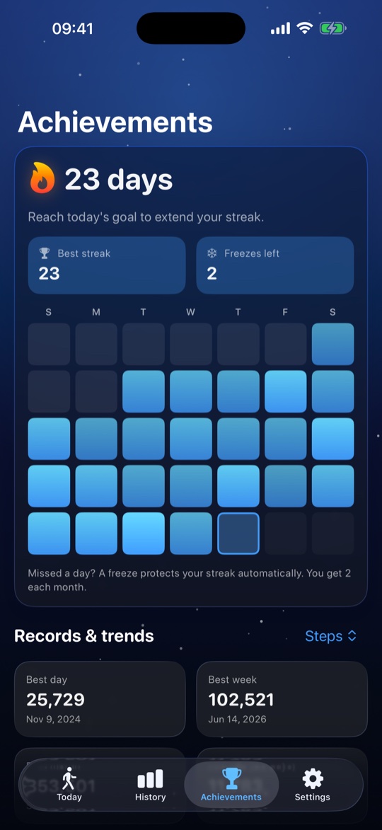 Achievements screen with a 23-day streak, a calendar of goal days and records