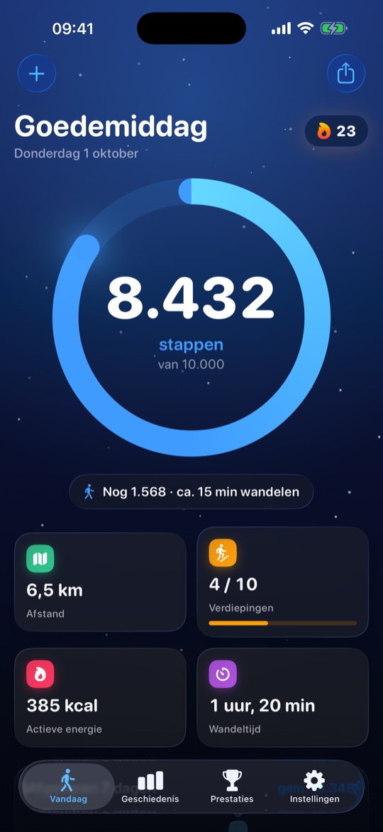 PureSteps Vandaag-scherm: 8.432 van 10.000 stappen in een blauwe ring, met afstand, verdiepingen, actieve energie en wandeltijd