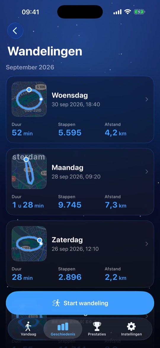 Lijst met wandelingen met routes op een kaart, duur, stappen en afstand per wandeling